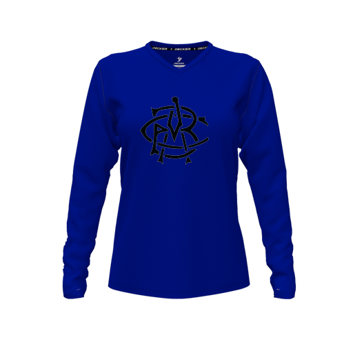 [CUS-DFW-TEES-CMF-VNK-LSL-RYL-FYXS-LOGO2] Decker Comfort T-Shirt (Female Youth XS, Royal, V Neck, Logo 2, Long Sleeve)