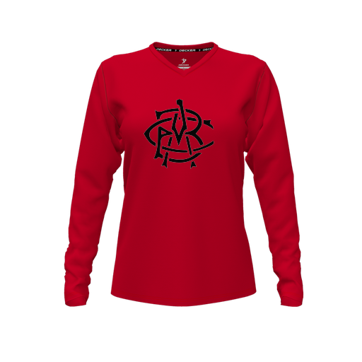 [CUS-DFW-TEES-CMF-VNK-LSL-RED-FYXS-LOGO2] Comfort T-Shirt (Female Youth XS, Red, V Neck, Logo 2, Long Sleeve)