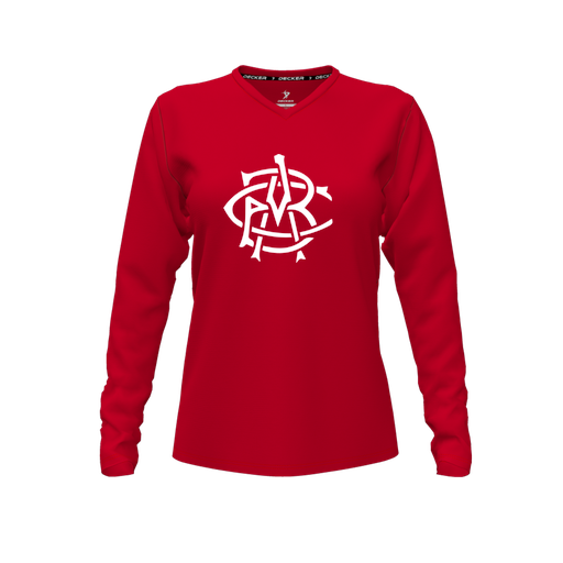 [CUS-DFW-TEES-PER-VNK-LSL-RED-FYXS-LOGO1] Performance T-Shirt (Female Youth XS, Red, V Neck, Logo 1, Long Sleeve)