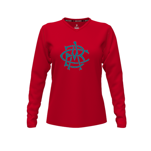 [CUS-DFW-TEES-PER-VNK-LSL-RED-FYXS-LOGO3] Performance T-Shirt (Female Youth XS, Red, V Neck, Logo 3, Long Sleeve)